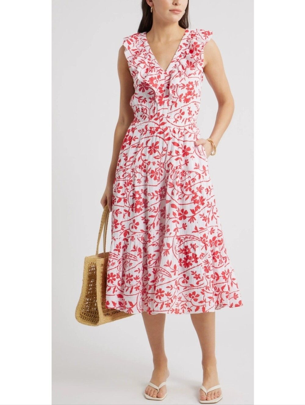 Caslon white and red floral gauzy midi with a V-neck and soft ruffle trim